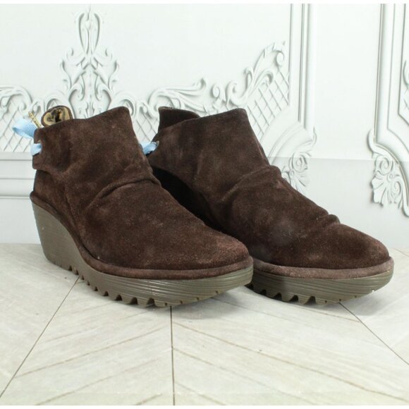 Fly London Yebi Brown Suede Slip On Round Toe Wedge Ankle Boots Size 10 - Picture 3 of 9